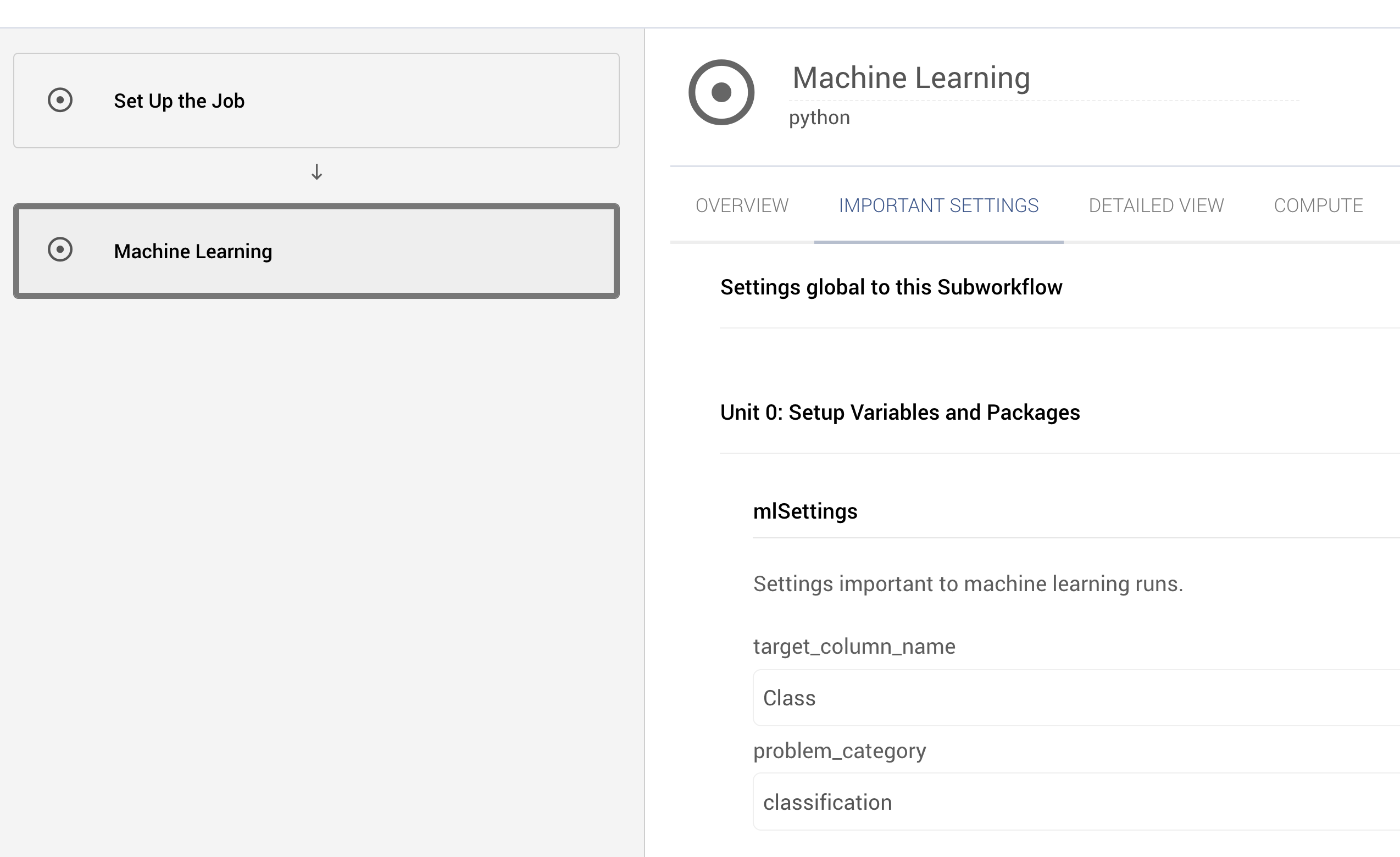 Important settings with target column name set Important settings with target column name set